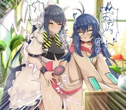 2girls ahoge apron black_choker black_dress blue_dress blue_hair blush brown_shirt choker closed_eyes closed_mouth clothed_sex commission cum cum_on_body cum_on_legs cum_overflow dress ejaculation female futa_with_female futanari hair_between_eyes hair_ornament hairclip highres indoors intersex leaf long_hair long_sleeves looking_at_another maid maid_apron maid_headdress motion_lines multicolored_dress multiple_girls open_mouth orein original rolling_eyes sex shirt sidelocks skeb_commission standing standing_sex torso_grab triangle_mouth twitching variant_set vase white_dress window yellow_eyes zado_(rinaai_airina)