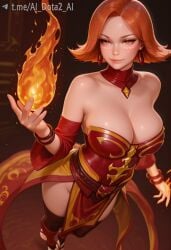 ai_dota_ai ai_generated bare black_thighhighs bracelet breasts cleavage closed_mouth collarbone detached_collar detached_sleeves dota_2 dress earrings female fire jewelry large_breasts lina lips looking_at_viewer magic orange_eyes orange_hair parted_bangs pelvic_curtain red_dress red_sleeves short_hair shoulders smile solo strapless thighhighs