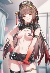ai_generated bandage_on_nipples brown_hair cosplay honkai:_star_rail lingsha_(honkai:_star_rail) no_panties nurse_hat nurse_outfit nurse_uniform orange_eyes pussy_focus pussy_peek raaicave