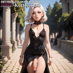ai_generated amber_eyes circumcised cocktail_dress dickgirl dress earrings futanari intersex kettleman large_penis penis_under_dress penis_under_skirt seductive sexy skirt slender_waist slim_waist solo veiny_penis white_hair yellow_eyes