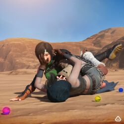 2girls 3d 3d_model anoral belly catfight desert fight fighting final_fantasy final_fantasy_vii gloves hands_on_another's_face kyrie_canaan long_hair short_hair small_breasts thighs yuffie_kisaragi yuri