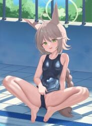absurdres ahoge animal_ears barefoot blue_archive blue_one-piece_swimsuit braid braided_ponytail breasts cleft_of_venus female fox_ears fox_girl green_eyes green_halo grey_hair halo highres long_hair looking_at_viewer one-piece_swimsuit open_mouth otogi_(blue_archive) pussy school_swimsuit small_breasts solo spread_legs swimsuit uncensored very_long_hair whoning1