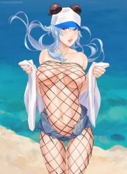 1girls bare_shoulders beach belly belly_button blue_hair breasts cap clothes_lift crotch eyelashes female female_focus fishnets ganyu_(genshin_impact) genshin_impact half-dressed half_naked hat hotpants hoyoverse light-skinned_female light_skin long_hair looking_at_viewer medium_breasts nipples open_clothes open_shirt revealing_clothes seductive seductive_look shirt_lift solo standing tacoyakiban teenage_girl teenager thick_thighs thigh_gap thighs watermark white_shirt
