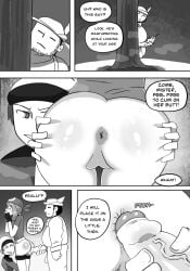 1girls 2boys anus ass blush brendan_(pokemon) comic dialogue english_text female greyscale hasselnut hi_res imminent_anal male masturbation may_(pokemon) nintendo pants_down penis pokemon pokemon_rse smile speech_bubble spread_ass spreading voyeur