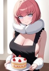 ai_generated ando_ruruka apron blue_eyes blush cake danganronpa female female_only large_breasts naked_apron pink_hair tagme