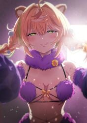 1girls animal_ears blonde_hair daisy_dandelion female female_on_top femdom green_eyes heart-shaped_pupils horny horny_female idol-en idol_corp looking_at_viewer misaki_nonaka pov sweat sweatdrop sweating sweaty virtual_youtuber