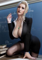 1girls 3d big_breasts billyhhyb bimbo blonde_hair blue_eyes book breasts cleavage ear_piercing earrings female female_only final_fantasy final_fantasy_vii final_fantasy_vii_remake glasses glasses_removed hair hips lips lipstick looking_at_viewer mature mature_female mature_woman milf nail_polish nails necklace neckwear pen red_lips red_lipstick red_nail_polish red_nails scarlet_(ffvii) solo solo_female square_enix table teacher teacher_outfit