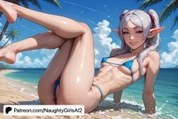 abs against_tree ai_generated ass bamboo bangs bare_tree barefoot beach bikini bird blue_bikini blue_sky branch breasts cloud cloudy_sky coconut day earrings elf elf_ears feet female frieren frieren_beyond_journey's_end green_eyes horizon island jewelry leaf leg_up looking_at_viewer lying micro_bikini naughtygirlsai navel nose ocean outdoors palm_leaf palm_tree parted_lips patreon_username plant pointy_ears potted_plant sand seagull shore silver_hair skinny sky small_breasts smile soles solo sousou_no_frieren starfish summer swimsuit tanabata toes toned tree water wet white_hair