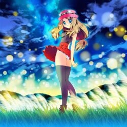 ai_generated black_legwear blue_eyes brown_hair female grass hat long_hair miniskirt moon night outdoors panties pantyshot pleated_skirt pokemon serena_(pokemon) skirt sky sleeveless smile solo standing thighhighs underwear white_panties wind