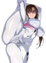1girls big_breasts bodysuit breasts brown_hair cameltoe clothing eyewear female female_only glasses green_eyes hair j.h. leg_grab legs long_hair mari_illustrious_makinami neon_genesis_evangelion one_leg_raised one_leg_up raised_leg solo solo_female tight_bodysuit tight_clothing white_bodysuit
