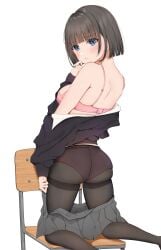 1girls absurdres ass bad_id bad_pixiv_id black_hair black_pantyhose black_skirt black_sweater blue_eyes blush bob_cut bra breasts closed_mouth clothes_pull commentary_request feet_out_of_frame from_behind hand_to_own_mouth highres kneeling long_sleeves looking_at_viewer looking_back medium_breasts off_shoulder on_chair original panties panties_under_pantyhose pantyhose pink_bra pink_panties pleated_skirt school_uniform see-through_clothes short_hair simple_background skirt skirt_pull solo sweater thighband_pantyhose uiri-na uiri_na underwear white_background