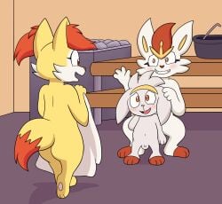 ass belly_button braixen cinderace completely_nude_female completely_nude_male cute danel female female_fox fennec_fox fox male male_rabbits nintendo nude nude_female nude_male pokemon pokemon_(species) rabbit raboot red_feet sauna surprised towel white_fur yellow_fur