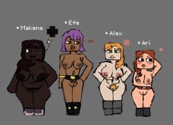 4girls alex_(minecraft) ari_(minecraft) black_hair breasts chubby dark-skinned_female efe_(minecraft) female freckles makena_(minecraft) microsoft minecraft minigonchar mojang pubic_hair purple_hair pussy red_hair size_difference vagina