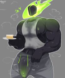 1boy black_body dadbitt food_play glowing_genitalia green_flames grey_pants male markusd muscular muscular_male nipples penis penis_in_pants sweatpants sweaty throbbing_penis white_tank_top