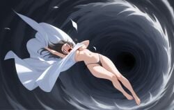 bare_midriff barefoot belly_button big_breasts blown_away blush breasts damsel_in_distress dress_lift dynamic_pose embarrassed feet flowing_clothing flowing_hair flustered flying intense_face original original_character panties pantyhose peril pervert sexy storm thong tornado underboob underwear white_dress wind wind_lift windy_skirt