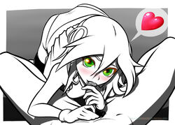 all_fours black_legwear blazblue blazblue:_chrono_phantasma blush clothed_female_nude_male eyelashes fellatio female gloves green_eyes hair_ornament hairclip heart ian_chase long_hair looking_at_viewer male_pubic_hair noel_vermillion oral panties partially_colored penis pov pubic_hair solo spoken_heart thighhighs underwear watermark web_address white_hair