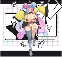 1girls ^_^ areolae asymmetrical_legwear blue_hair blush breasts busty cameltoe cleavage closed_eyes eyebrows_visible_through_hair female female_only gold_bikini golden_week golden_week_bikini huge_breasts iono_(pokemon) light-skinned_female light_skin magnemite_hair_clips multicolored_hair navel open_mouth panties pink_hair pokemon pokemon_sv rr001c sharp_teeth skimpy_clothes smile solo split-color_hair thick_thighs thighhighs tied_hair two_tone_hair voluptuous