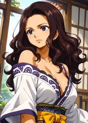 1girls ai_generated anime anime_girl anime_style babe big_breasts breasts brown_hair busty_female cana_alberona cleavage curvy fairy_tail fantasy female_focus garden golden_week holidays indoors isaris-ai japanese_clothing leaves looking_to_the_side obi off_shoulder off_shoulder_kimono purple_eyes purple_outline ribbon sash sliding_doors spring tatami trees white_kimono witch
