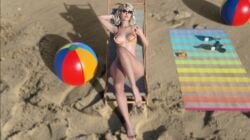 beach beach_ball ellie_(time_for_you) feet looking_at_viewer milf showing_breasts skimpy_bikini sunglasses time_for_you tinted_eyewear zero2herogames