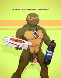 anthro drink male male_only michelangelo nes_controller nude penis pepsi pizza_box soda solo spotty_the_cheetah teenage_mutant_ninja_turtles turtle