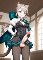 ai_generated bow_tie cat_ears cat_tail catgirl futanari genshin_impact intersex jerkingoff lynette_(genshin_impact) tagme
