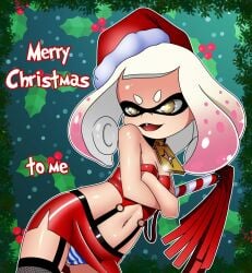 cameltoe chacrawarrior christmas christmas_outfit collar dominant_female dominatrix latex latex_clothing miniskirt pearl_(splatoon) santa_hat shiny_clothes small_breasts splatoon splatoon_(series) splatoon_2 visible_panties visible_underwear whip