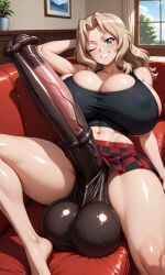 ai_generated big_ass big_balls big_breasts big_penis black_topwear blonde_hair blue_eyes breasts breasts_bigger_than_head checkered couch erection futa_only futanari girls_und_panzer hair_intakes horsecock horsecock_futanari huge_breasts hyper hyper_balls hyper_genitalia hyper_penis intersex kay_(girls_und_panzer) large_breasts laying_down living_room medium_hair one_eye_closed tank_top thick_thighs wide_hips