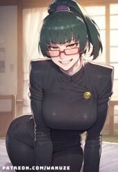 ai_generated all_fours big_ass big_breasts big_butt big_thighs black_jacket black_pants blush breasts dark_green_hair glasses huge_ass huge_breasts huge_butt huge_thighs jujutsu_kaisen maki_zenin ponytail red-framed_eyewear wanuze wide_hips yellow_eyes zenin_maki