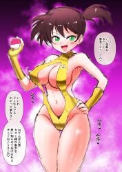 :d alternative_bust_size asymmetrical_hair bangs bare_shoulders blush bodily_fluids breasts brown_hair center_opening cleavage clothing clothing_cutout covered_erect_nipples covered_navel erect_nipples_under_clothes eyebrows female female_only fingerless_gloves gloves green_eyes hand_on_hip hand_on_own_hip high_resolution holding holding_object holding_poke_ball huge_breasts kasumi_(pokemon) large_breasts looking_at_viewer misty_(the_electric_tale_of_pikachu) navel one-piece_swimsuit open-mouth_smile open_mouth poke_ball poke_ball_(basic) pokemon pokemon_species ponytail shin_(kusugurijin) shiny shiny_skin short_hair side_ponytail smile solo standing sweat swimsuit thick_thighs thigh_gap thighs tied_hair twintails v-shaped_eyebrows very_high_resolution wide_hips yellow_gloves