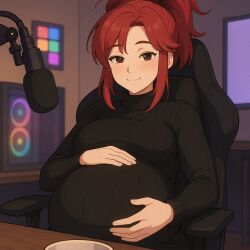 1girls ai_generated big_belly brown_eyes hand_on_stomach happy heavily_pregnant holding_belly kya_nini microphone pregnant red_hair solo streamer streaming
