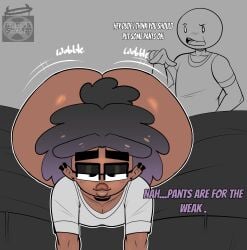 2025 2boys ass black_and_purple_hair black_hair bottom_heavy bottom_heavy_femboy bottom_heavy_male bottomless chris_(cross-sama) cross_samax dark-skinned_femboy dark-skinned_male dark_hair dark_skin dialogue ear_piercing earrings eyewear fat_ass full_lips glasses highlights_hairs jiggle jiggling jiggling_ass jiggling_butt large_ass on_bed pierced_ears piercing piercings purple_hair purple_highlights t-shirt thick thick_ass thick_butt thick_eyebrows thick_lips wobble wobbling_ass wobbling_butt