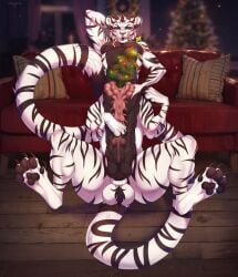 animal_genitalia ball_tuft balls brown_body brown_pawpads brown_penis candy_cane_in_mouth christmas christmas_tree erection fur furniture genitals green_eyes hi_res holidays inside knot licking licking_lips licking_own_lips looking_at_viewer male narrowed_eyes pawpads penis pink_penis plant reclining sheath signature smogville sofa solo striped_arms striped_legs taur tongue tongue_out tree tuft unusual_anatomy unusual_genitalia unusual_penis urethral white_balls white_body white_fur white_sheath
