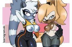 abs anthro areola big_breasts black_bodysuit black_clothing black_gloves black_handwear black_nose black_skinsuit blue_areola blue_eyes blue_nipples bodysuit bottomwear breasts brown_body brown_fur cameltoe canid canine canis chest_tuft clothing duo exposed_breasts eyelashes female front_view fur gloves grey_body grey_bottomwear grey_clothing grey_fur grey_pants hand_behind_head hand_on_hip handwear head_tuft heartagramvalo hi_res idw_publishing lemur long_tail looking_at_viewer mammal markings navel_outline nipple_outline nipples one_breast_out pants primate purple_background purple_eyes sega simple_background skinsuit smile sonic_(series) sonic_the_hedgehog_(comics) sonic_the_hedgehog_(idw) sonic_the_hedgehog_(series) strepsirrhine striped_markings striped_tail stripes tail tail_markings tan_body tan_fur tangle_the_lemur thick_thighs tight_clothing topwear tuft whisper_the_wolf white_background white_clothing white_topwear wide_hips wolf