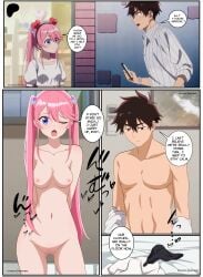 1boy black_hair blue_eyes breasts censored comic female holding_panties holding_underwear kevcrexx male medium_breasts mosaic_censoring nipples one_eye_closed pink_hair pussy shiunji-ke_no_kodomotachi shiunji_ouka