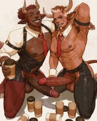 2_horns 2_penises 2boys animal_ears animal_humanoid armpit_hair ass_cutout assless_chaps assless_pants balls big_penis boy boys brown_hair brown_hair brunette_hair clothing cock coffee_cup cow_ears cow_horns cow_tail crotch_cutout crotchless crotchless_clothes cup cups dark-skinned_male dark_skin detached_collar dreampipe ear_piercing genitals grabbing_penis hind_legs holding_penis hooves horn horns huge_cock large_penis long_ears long_penis looking_at_viewer male male_only multiple_boys multiple_penises nipple_piercing nose_piercing on_knees paper_cup partially_clothed penis penis_out piercing piercings red_hair scar_on_face scarred_face shrug_(clothing) simple_background smiling smiling_at_viewer suspenders tagme tail tails testicles tie white_background