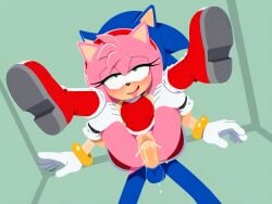 1boy 1girls ahe_gao ai_generated amy_rose blue_fur blue_hair blush bottomless cum dripping duo eyelashes female full_body full_nelson genital_fluids green_eyes highres male multicolored_body nude nude_male partially_clothed_female penis pink_fur pink_hair pixai plain_background pussy pussy_juice red_dress sega sex sonic_(series) sonic_the_hedgehog sonic_the_hedgehog_(series) tongue_out vaginal_fluids white_gloves