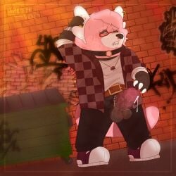 1:1 alley anthro arcticvolt bear bewear bodily_fluids bottomwear clock clothed clothing cum ear_piercing erection excited_expression eyewear facial_piercing fan_character fangs footwear generation_7_pokemon genital_fluids glasses hi_res jacket male mammal nintendo nose_piercing pants peeking_penis piercing pokemon pokemon_(species) shirt shoes solo tail teeth topwear unzipped unzipped_pants watch zipper