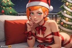 1girls ai_generated artist_name ben_10 ben_10_(classic) blush bow breasts cartoon_network christmas christmas_tree cleavage collarbone earrings female fur-trimmed_headwear green_eyes gwen_tennyson gwen_tennyson_(classic) hair_ornament hairclip hat hi_res jewelry large_breasts looking_at_viewer lying medium_breasts naked_ribbon night on_stomach orange_hair parted_lips patreon_username pillow red_bow red_ribbon ribbon rule34lab santa_hat short_hair smile solo stud_earrings warner_brothers younger_female