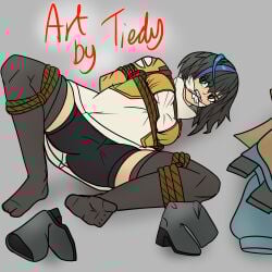bondage feet frogtie gag gagged guilty_gear guilty_gear_strive shoes_removed socks thighs unika_(guilty_gear)