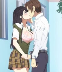 1boy 1girls aihara_mei blush bra breasts citrus_(saburouta) cleavage jerkingoff kissing open_clothes open_shirt pink_bra school_uniform skirt