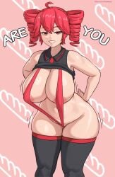 1girls 2d 2d_(artwork) ahoge areolae ass_visible_through_thighs bedroom_eyes belly big_areola big_breasts big_nipples big_thighs breasts busty busty_female curvaceous curvaceous_female curvy curvy_female female female_only front_view fukkireta_(song) hourglass_figure huge_breasts huge_thighs kasane_teto large_breasts light-skinned_female light_skin looking_at_viewer motion_lines navel nipple_slip nipples pink_background red_eyes red_hair shirt_lift skindentation sling_bikini slingshot_swimsuit smile solo solo_female suggestive_look superbusty sweat sweating thick_hips thick_legs thick_thighs thigh_gap thighhighs twin_drills utau voluptuous voluptuous_female wide_hips