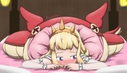1girls anonymousquote bed bedroom embarrassed lying lying_on_bed plushie plushophilia princess snake vore yellow_hair