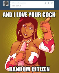 and_i_love_you_random_citizen big_breasts black_hair bracelet bracelets brown_eyes caption carmessi cleavage dark-skinned_female dark_skin dildo dreamworks earrings english_text gala gala_(carmessi) gold_rings holding_dildo hoop_earrings jewelry long_black_hair long_hair megamind meme necklace text text_box tumblr