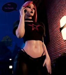 1girls 3d black_eyeshadow black_lipstick blenderdemon choker clothed clothed_female english_text epic_games eyeshadow female female female_only fortnite fortnite:_battle_royale fully_clothed fully_clothed_female hand_on_thigh haze_(fortnite) light-skinned_female light_skin lipstick long_hair makeup on_the_phone outside phone pink_eyes pink_hair solo solo_female speech_bubble standing tagme text text_bubble theblenderdemon thong thong_straps