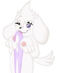 animated anthro balloon breast_play breasts canid canine canis domestic_dog female fur inflatable kiara_(kiaradog) licking mammal purple_eyes smurli solo tongue white_body white_fur