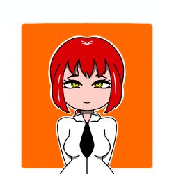 1girls bangs chainsaw_man clothed hands_behind_back makima_(chainsaw_man) red_hair simple_background smile solo solo_female tie uniform upper_body yellow_eyes