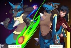 3:2 animal_genitalia animal_penis anthro balls big_balls blue_body blue_fur bodily_fluids canine_genitalia canine_penis chest_spike creepy_smile dialogue duo female femboy fur gay gay_male generation_4_pokemon genitals hand_spike hi_res homosexual homosexual_male human lucario magnetus male male/female male_ male_penetrating mammal multicolored_body multicolored_fur nintendo nude penis pokeball pokemon pokemon_(species) red_eyes smile spikes spikes_(anatomy) standing sweat sweatdrop tail tan_body tan_fur thick_thighs wide_hips,