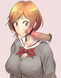 :t breasts brown_eyes brown_hair bulge cleavage clothed clothed_female clothing erect_nipples facejob female magic_penis nipple_bulge original penis precum pubic_hair school_uniform serafuku shirt yakisoba_(oh03010301)