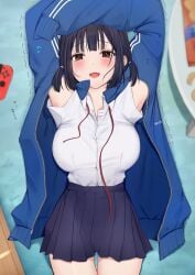 1girls absurdres arms_up black_hair blue_jacket blunt_bangs blush breasts brown_hair collared_shirt cowboy_shot highres jacket large_breasts loose_neck_ribbon lying medium_hair miniskirt neck_ribbon on_back open_clothes open_jacket open_mouth original partially_unbuttoned pleated_skirt ribbon school_uniform shirt shirt_tucked_in skirt smile solo thigh_gap track_jacket two_side_up uiri-na uiri_na white_shirt