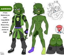 2boys adult_male ass ass_focus azedo azedo_(adulto) big_ass big_butt big_penis fruit gay gay_sex green_hair green_skin horny kiss long_hair male model_sheet morajo mundo_torajo naked penis quartz_devils red_hair sex yaoi